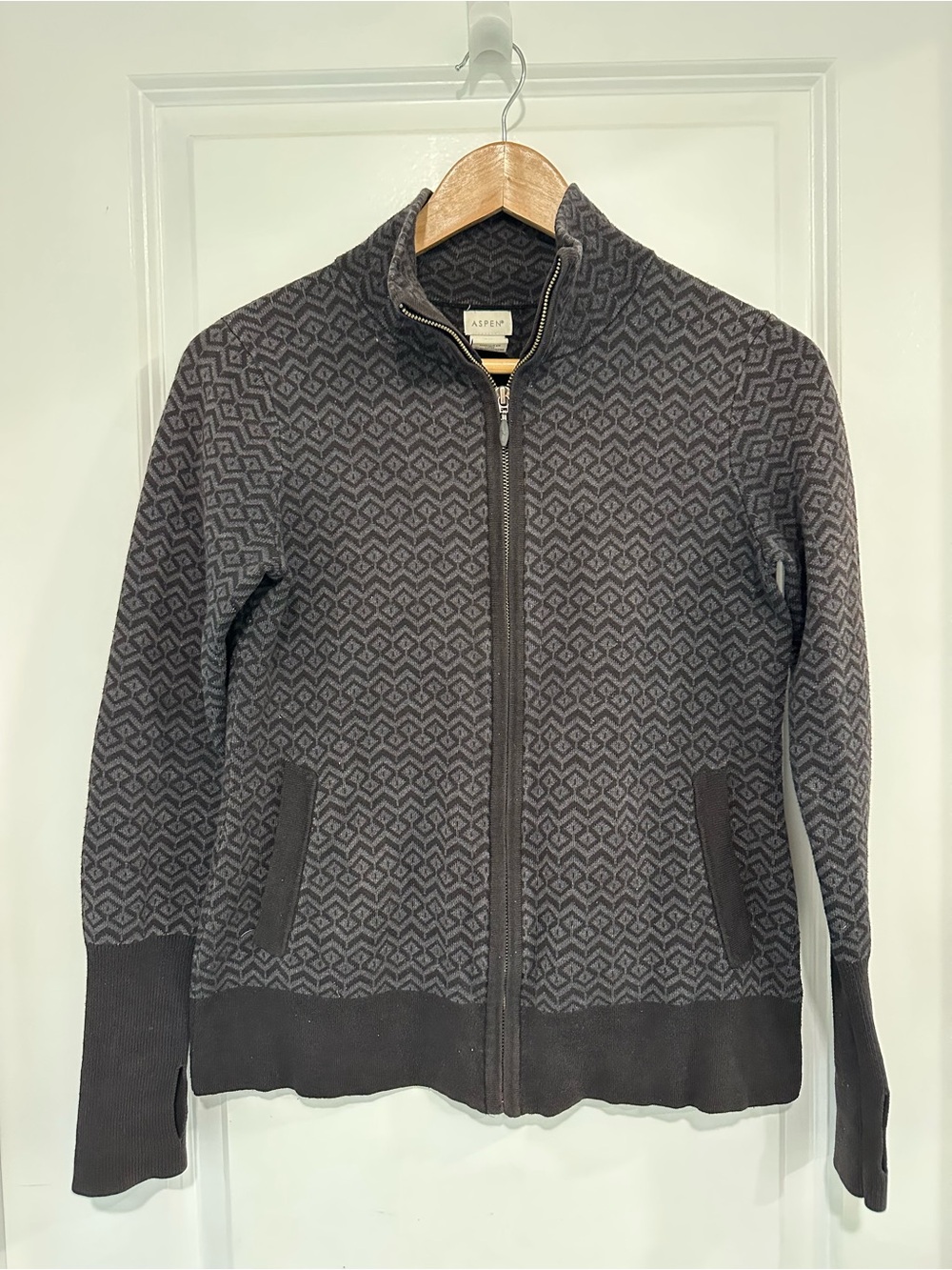Aspen Women’s Geometric Zip Front Sweater Jacket Athleisure - Charcoal/Gray XS